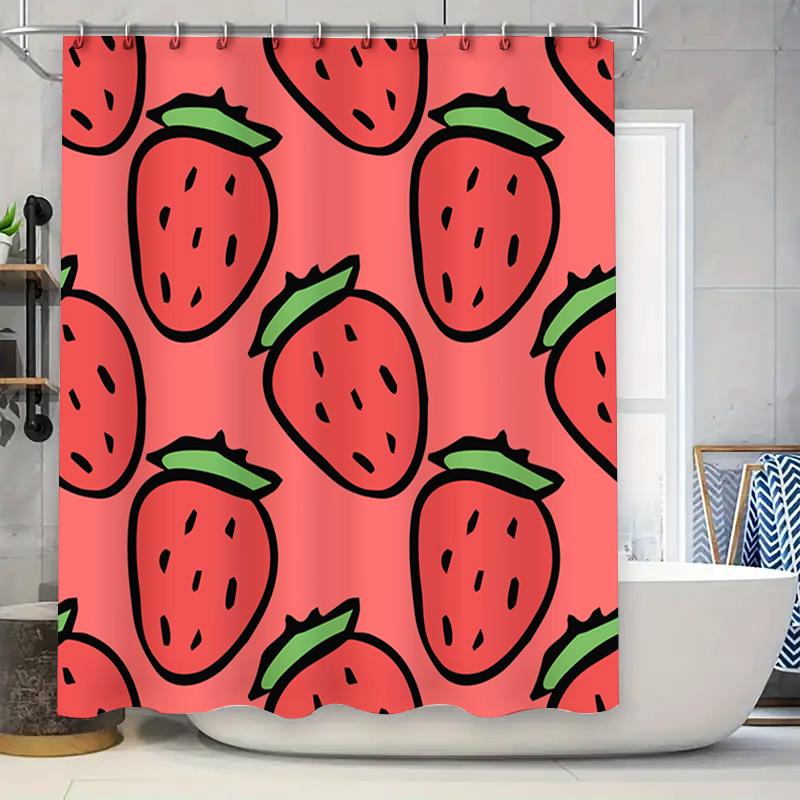 

Fashion Strawberry Print Shower Curtain Waterproof Fabric Decor For Bathroom Pink With Green Leaves, Size 72 X 72 W60H190(CM)-1 Pcs