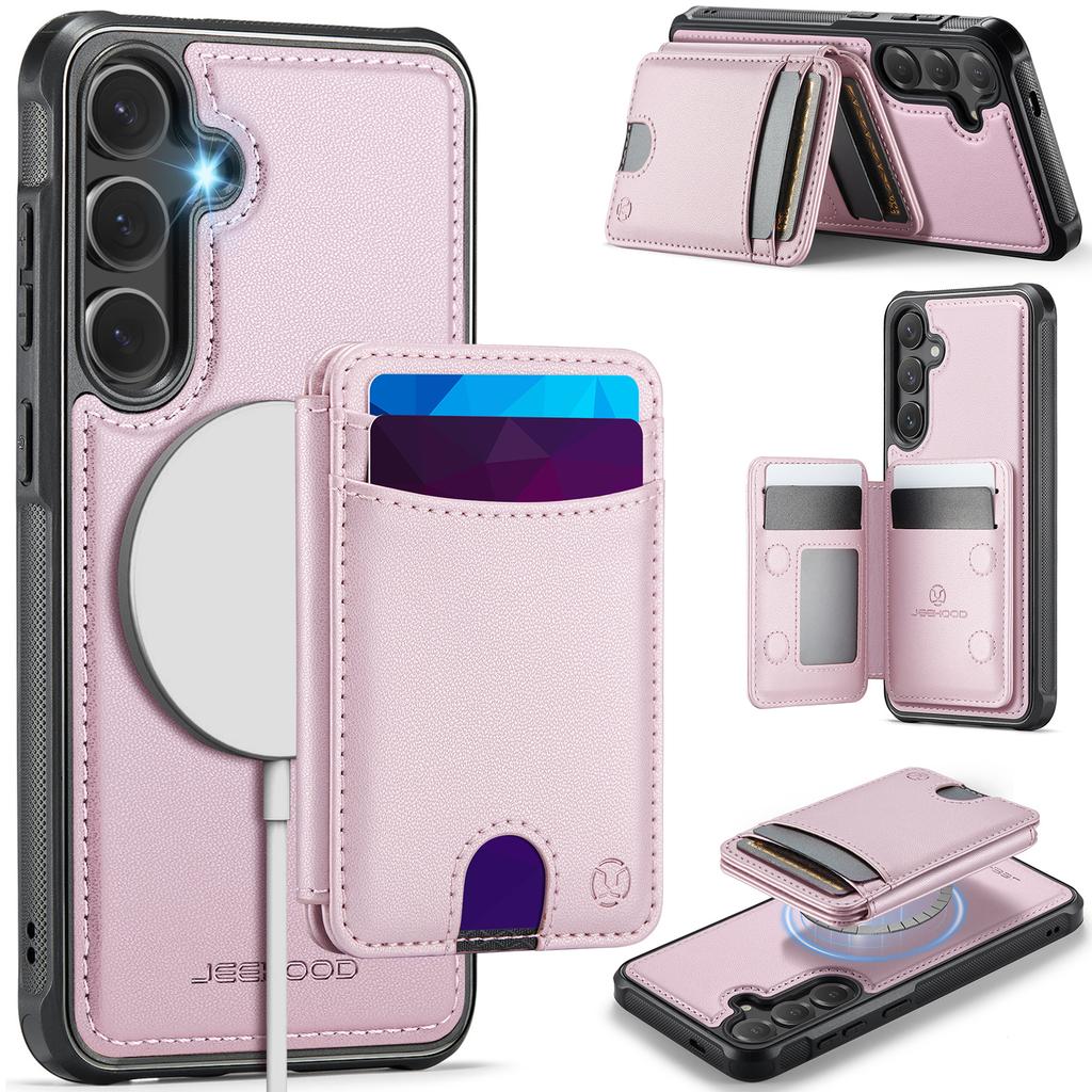 For Samsung Galaxy S26 Magnetic Case JEEHOOD J10 Leather Back Phone Cover with Detachable Card Holder Kickstand