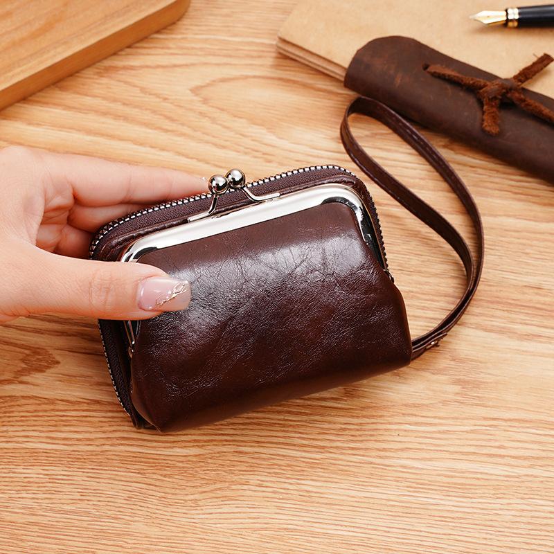 

Vintage Women Card Holder Wallet Small Clutch Bag with Lanyard Large Capacity Ladies Leather Zipper Multi Card Slot Coin Purse