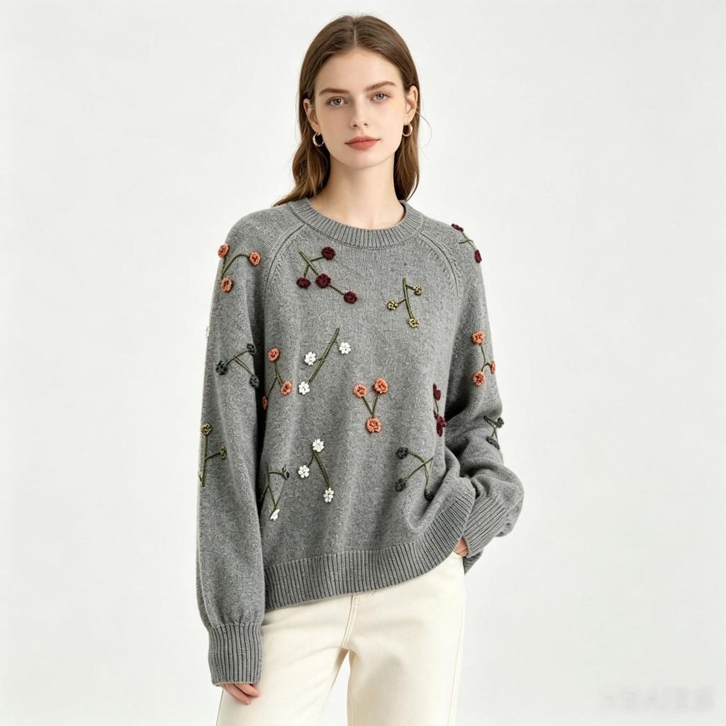 European and American Heavy Industry 3D Embroidered Knitwear for Women, New Autumn/Winter Beaded Floral Crew Neck Loose Casual Sweater
