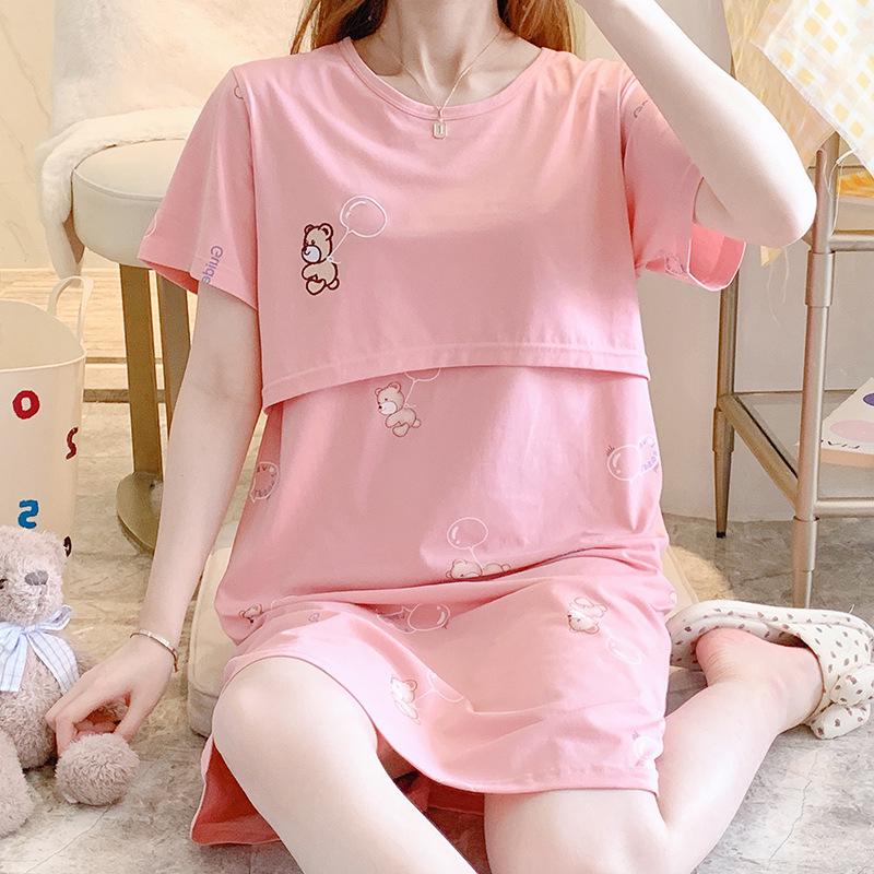 Pure Cotton Summer Nursing Nightgown for Pregnant Women - Short-Sleeve Maternity Feeding Dress