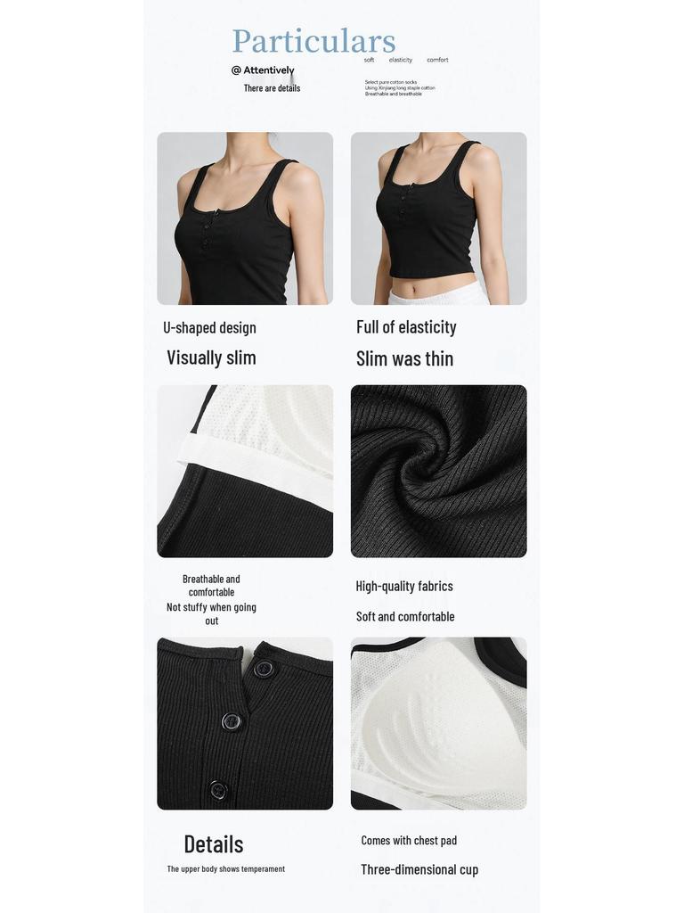 Versatile Women's Pure Cotton Ribbed Button-Up Vest with Chest Pads - Sports Slim-Fit Sleeveless Base Layer Top