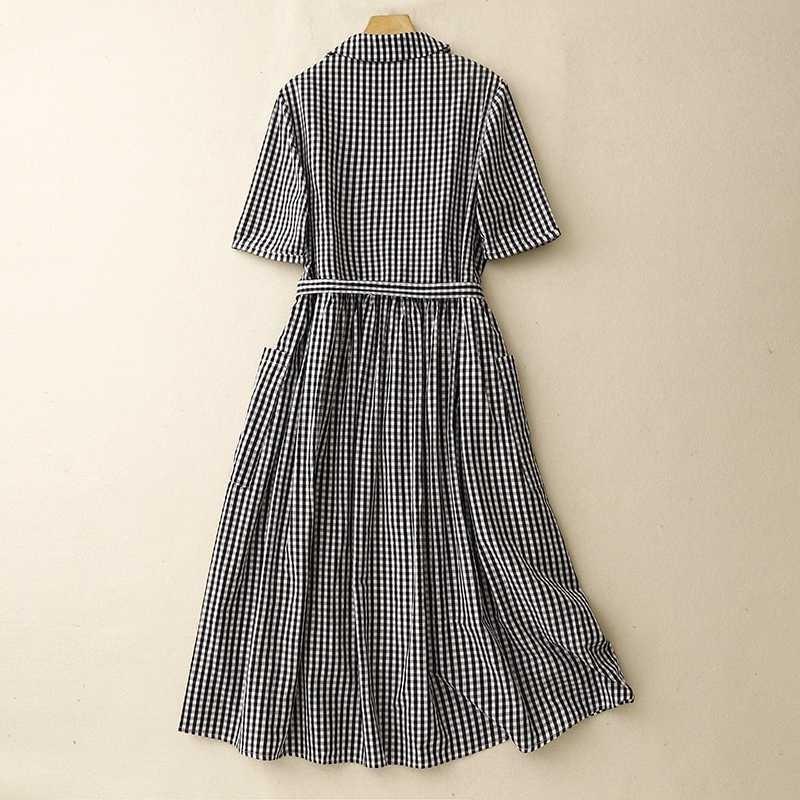 Summer women's cotton and linen plaid dress