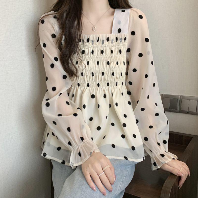 French Style Polka Dot Printed Blouse Spring Autumn Long Sleeve Female Clothing Chic Shirring Slim Vintage Square Collar Shirt