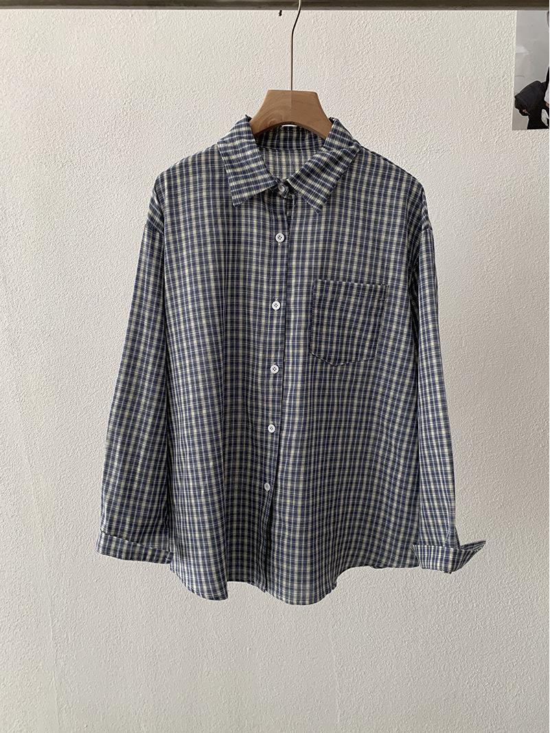 Oumalai 2026 Женская весенняя клетчатая рубашка с длинным рукавом в корейском стиле One Size синий