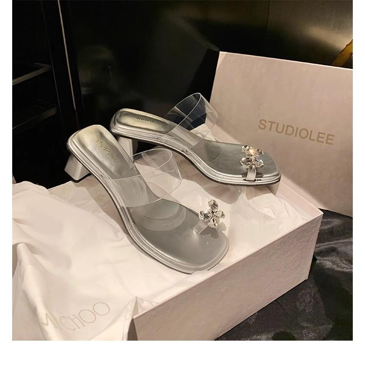

Grape mother, the same 2025 summer butterfly rhinestone temperament square head height increase transparent belt high heel cool slippers women s s 40