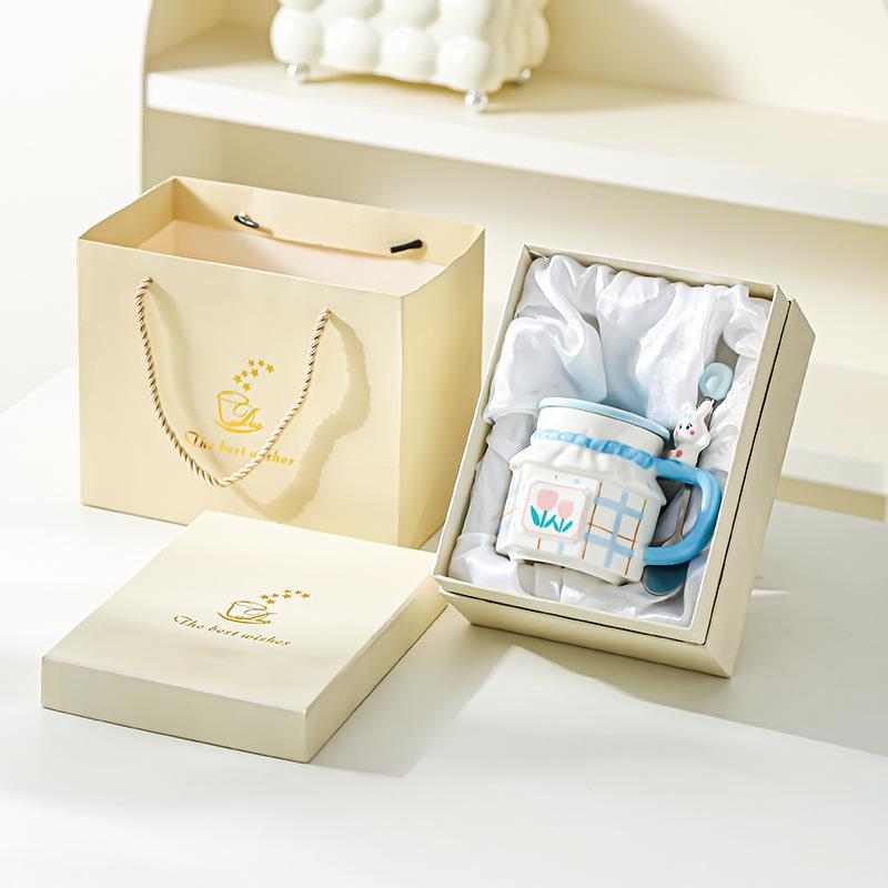 Tulip Rabbit Flower Couple Mug Creative High Value Home Office Ceramic Cup Coffee Cup with Lid