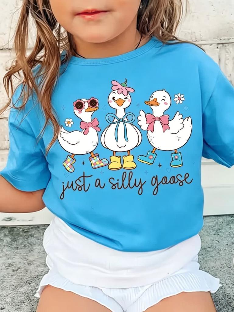 Just a Silly Little Goose Bow Print T-Shirt for Girls Summer Cartoon Graphic Short Sleeve T-Shirts Outdoor Causal Girls Clothing