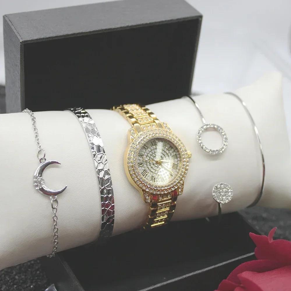 5-teiliges Set Mode Damen Strass Uhren Armband Damen Kleideruhren Uhren für Feminino Geschenke Inklusive Box