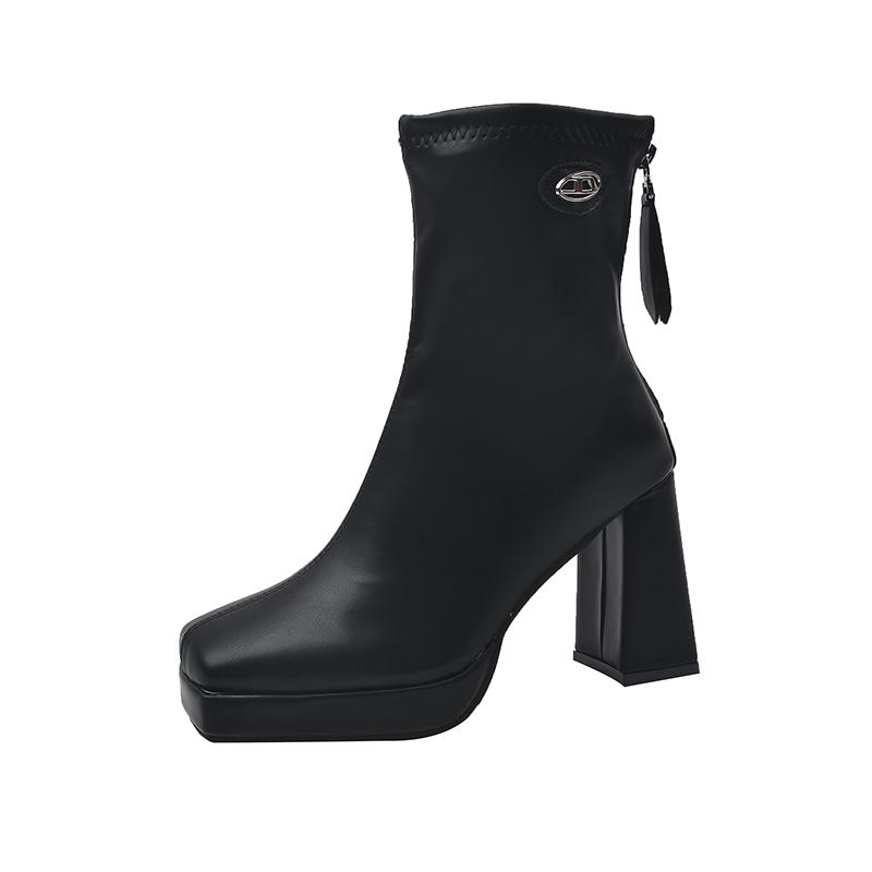 

Fashion Winter New Thick Heel Cotton Boots Women s Fashion Square Head Thick Sole Back Zipper Style Short Boots 39 чёрный