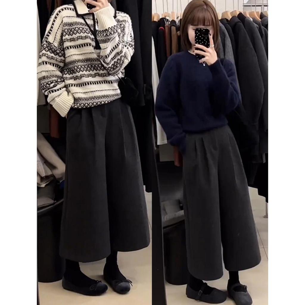 Women's High-Waisted Woolen Wide-Leg Pants - Slimming, Casual, Spring/Autumn Wear