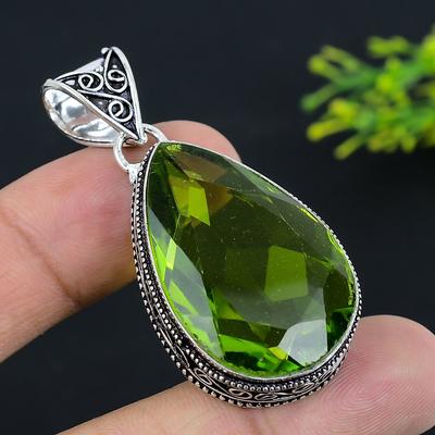 Natural Peridot Gemstone Handmade 925 Sterling Silver Gift Pendant 2.09" a0R91