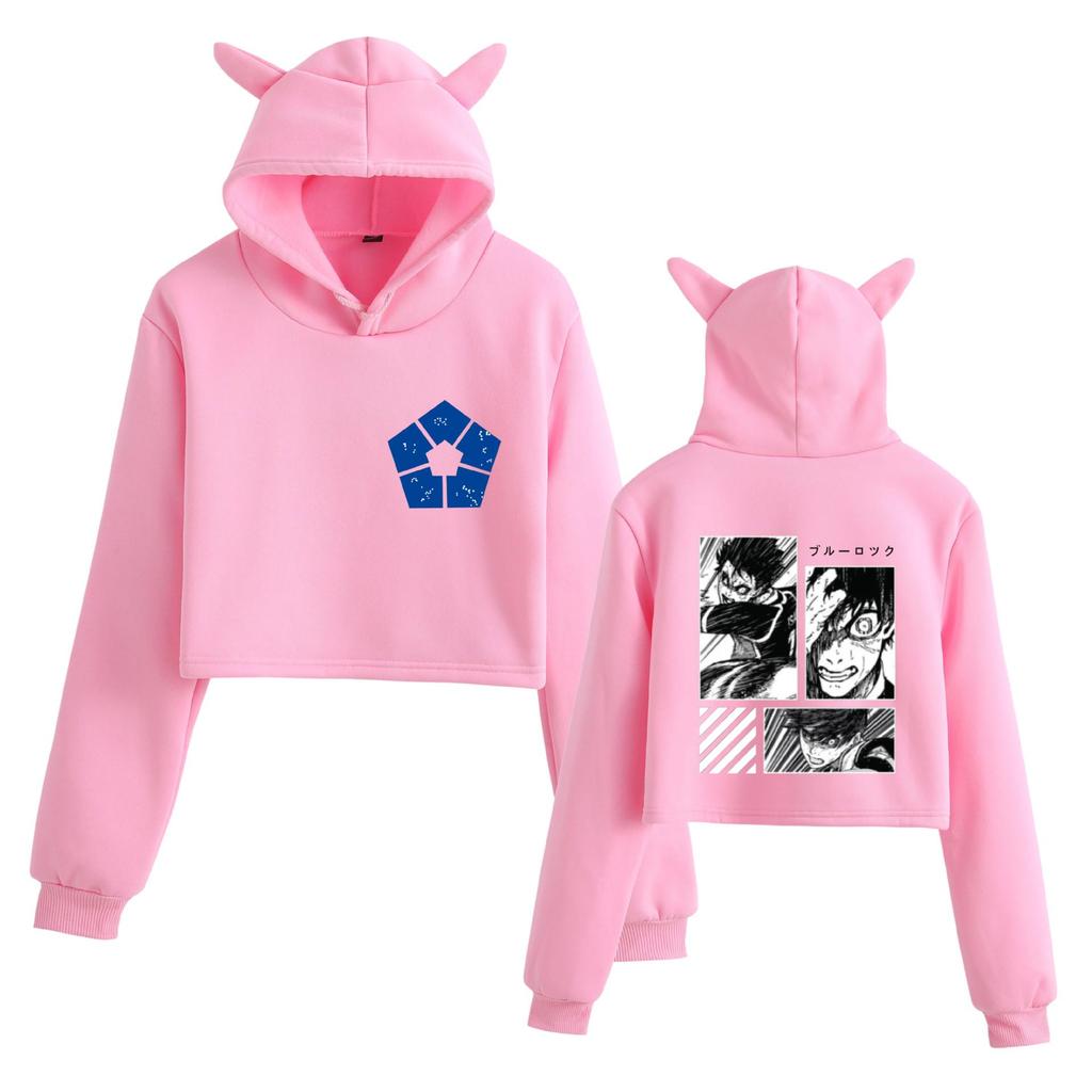 Niche Blue Cat Ear Cropped Hoodie - Women's European & American Style, Loose Fit, Plus Velvet