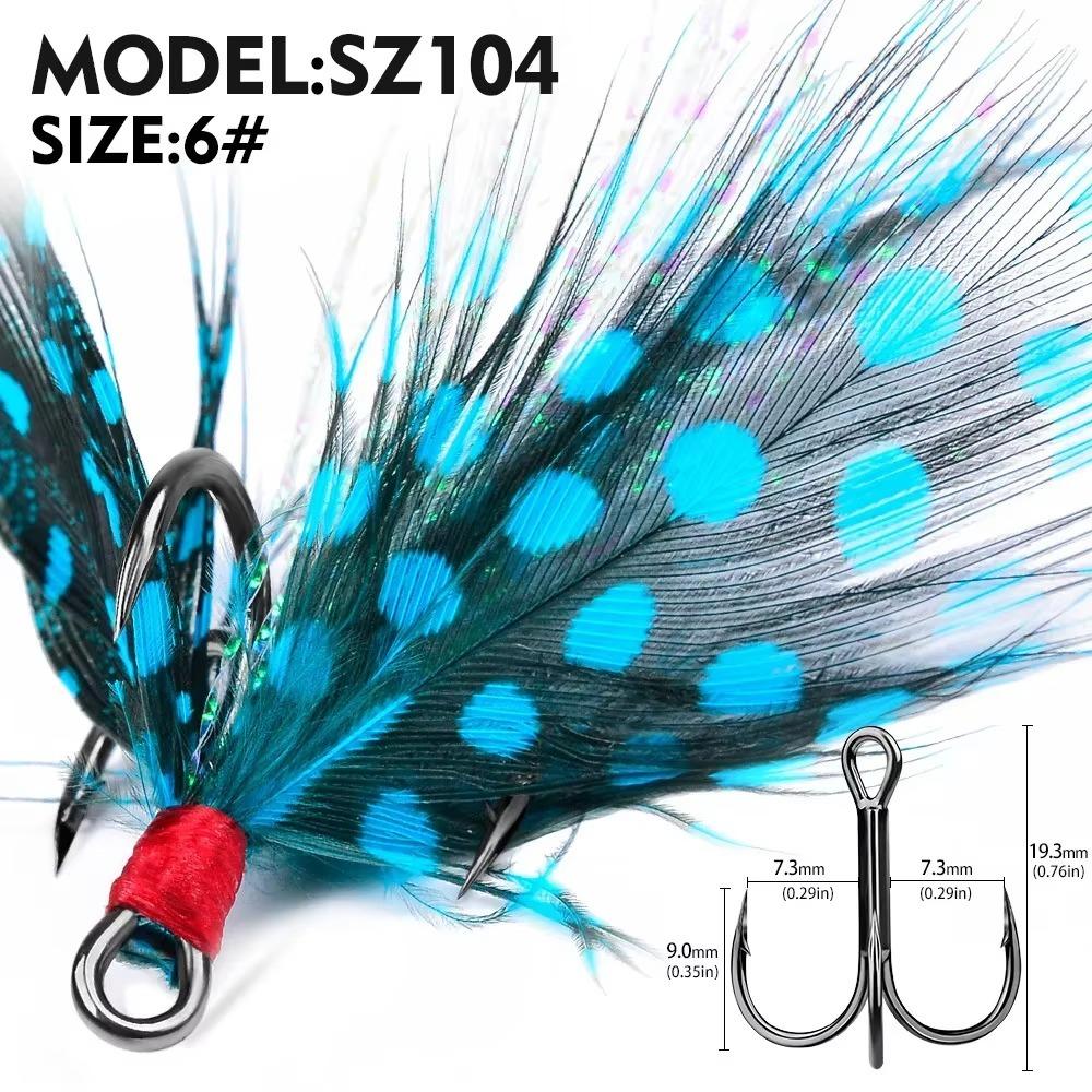 Größe 6#-10# Scharfe Drillinge mit Widerhaken Kohlenstoffstahlmaterial Feder-Jig Angelhaken Stärkedesign Federdekoration