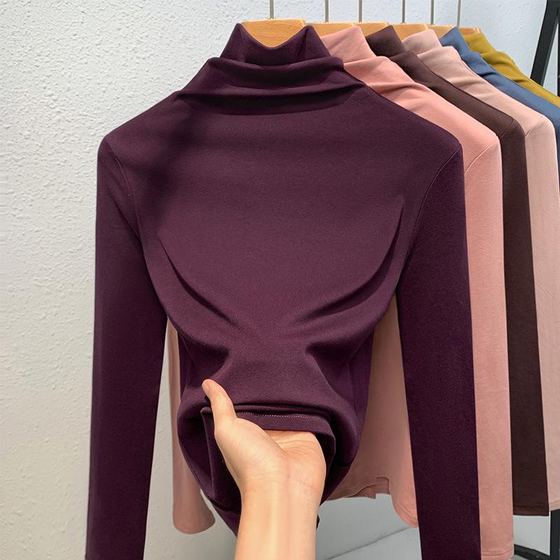 High-neck Base Shirt for Women New Women's Solid Color Simple Long-sleeved T-shirt Plus Velvet Thermal Inner Waist Top