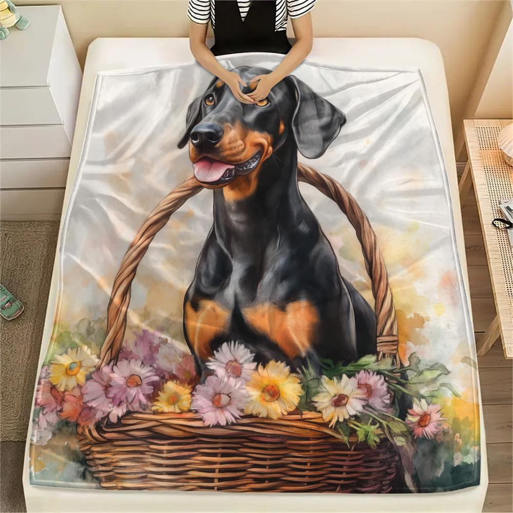 Flower Basket Dogs Print Flannel Blanket, High quality Comfortable for All Seasons, Home Decor, Warmth and Comfort