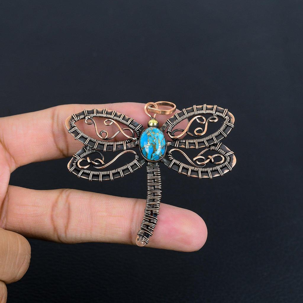 Blå kopparturkos Handgjord Ädelstenshänge, 999 Koppartråd lindat Hänge Antika Smycken, För Förlovningsgåva