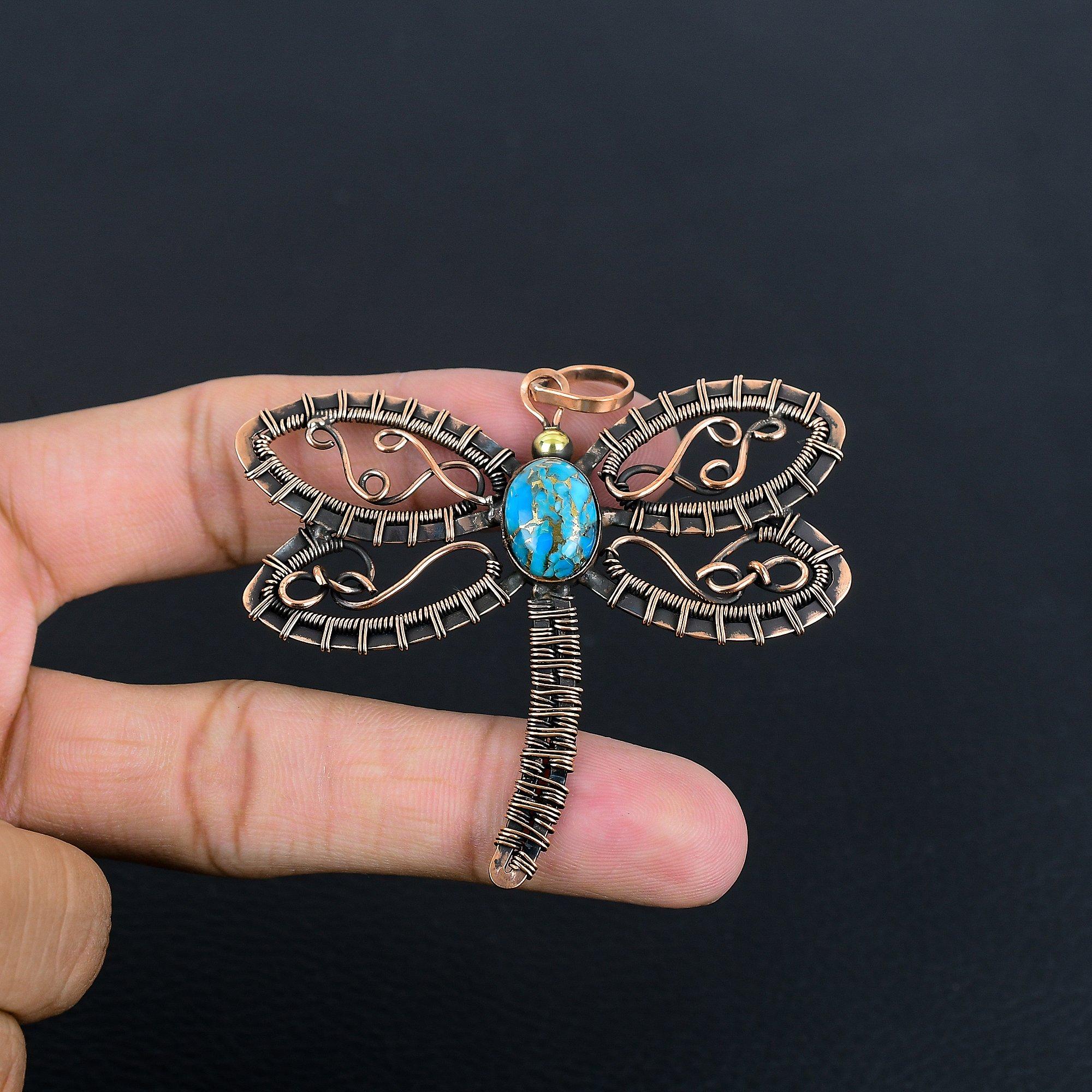 

Подвеска из голубой медной бирюзы ручной работы, обмотанная медной проволокой 999 пробы, антикварное украшение, для подарка на помолвку 2.75 Inches