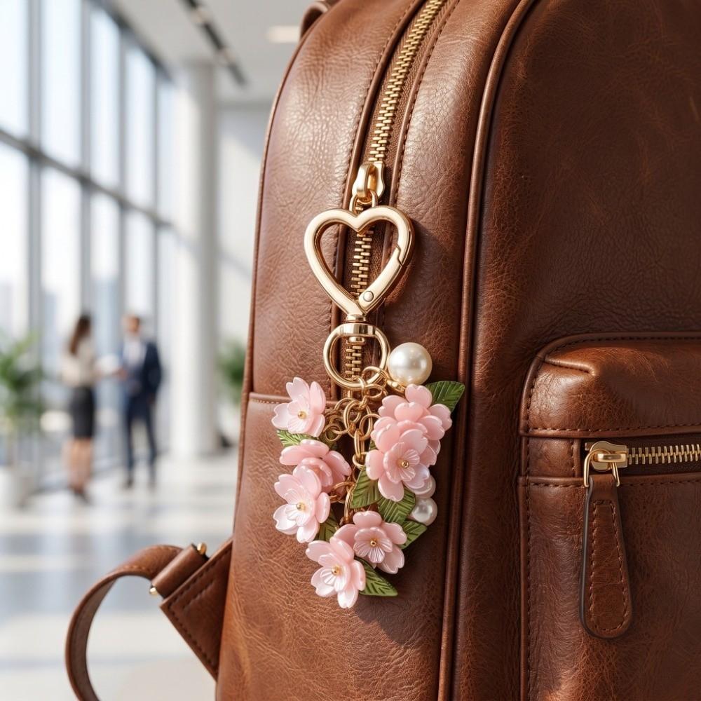 Porte-clés Romantique en Forme de Cœur Élégant Pendentif Fleur Charme Tendance pour Sac Accessoire de Sac à Dos