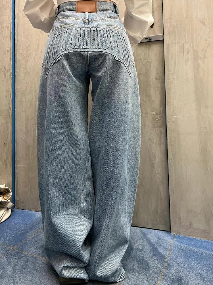 BeatStreet American Streetwear Women Denim Pants Y2k Autumn Loose Letter Indentation Wide Leg Jeans Punk Machete Trousers New