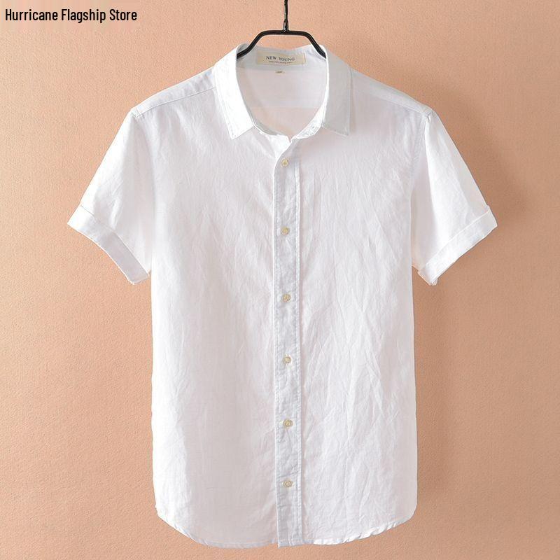 Men's Slim Fit Short Sleeve Breathable Linen Shirt - Summer Casual Lapel Top, White