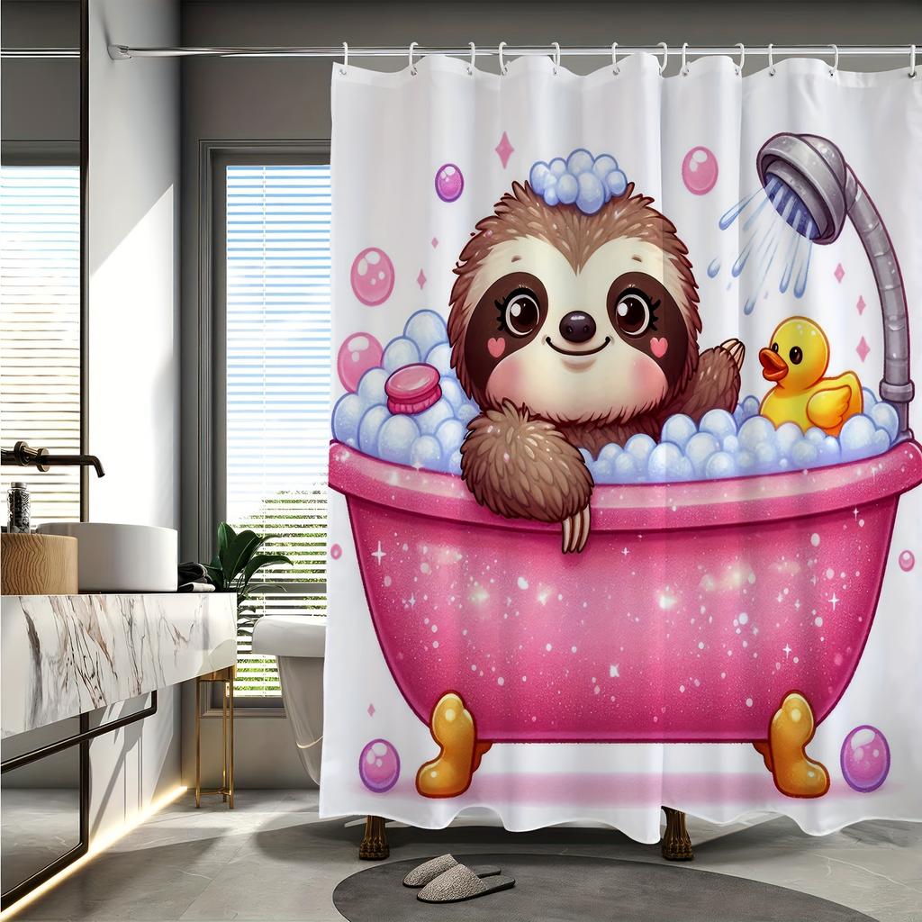 Cute Sloth Cartoon Printed Shower Curtain - Reversible Polyester, Machine Washable,  All-Season Knit Weave for Bathroom Decor