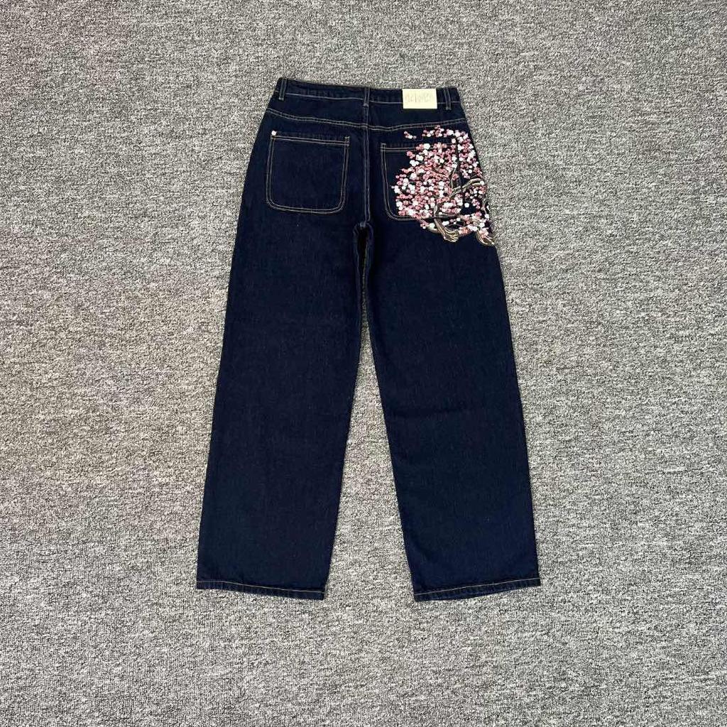 High Quality Y2K Harajuku Jeans Goth Vintage Plum Blossom Embroidery Pattern Wide Leg Pants Denim Fabric American Style Street Wear Unisex