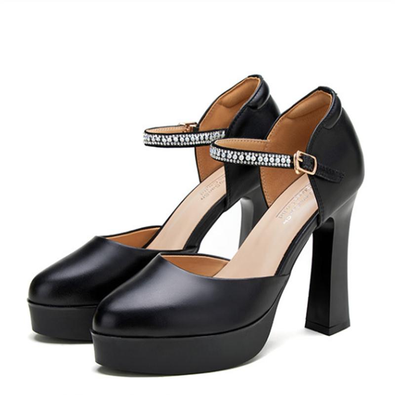 Fashion Genuine Leather Lady Pumps Thick Heel Shoes 7/9/11cm Super High Heel Waterproof Platform Womens Shoes Party Dress High Heels
