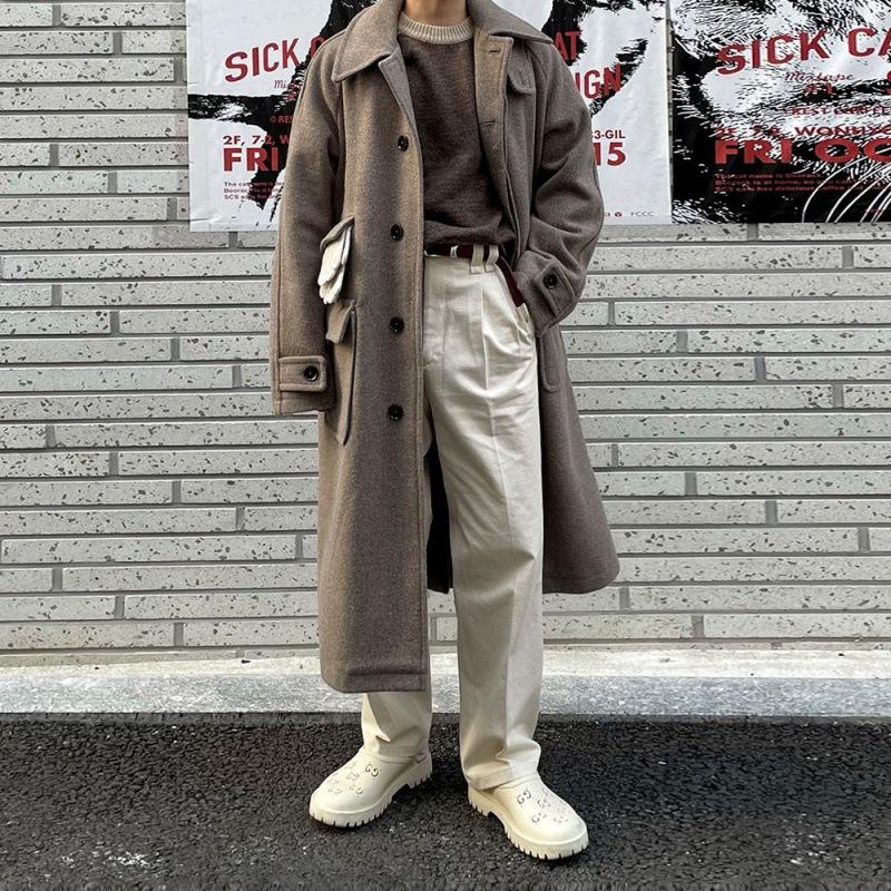Lapel H-shaped Woolen Coat Men's Winter Thickened Mid-length Coat Korean Style Loose Woolen Windbreaker