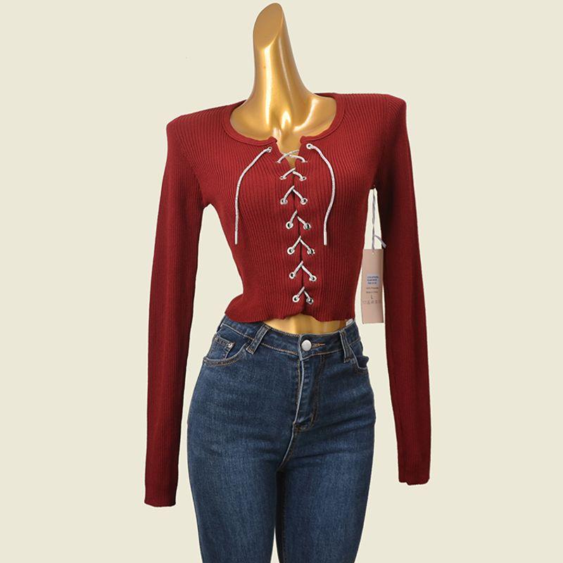 American High Waist Top Drawstring Rhinestone Thread High Elastic Short Slim Long Sleeve Knitwear Export Original Sample Women's Clothes