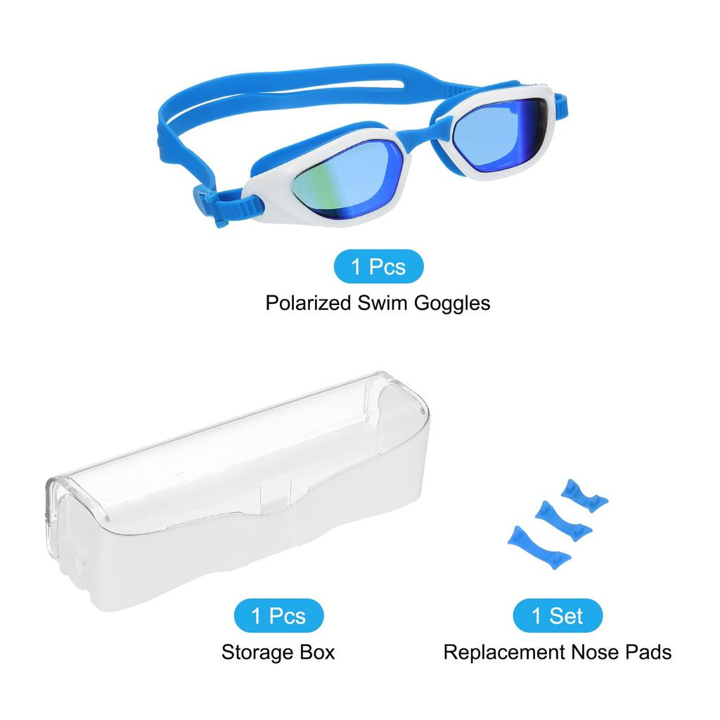 PATIKIL Unisex Polarized Swim Pool Swimming Sun with Storage Adult Goggles, Anti-Fog Goggles, Resistant, Leak-Free, Box, Size, Blue/White