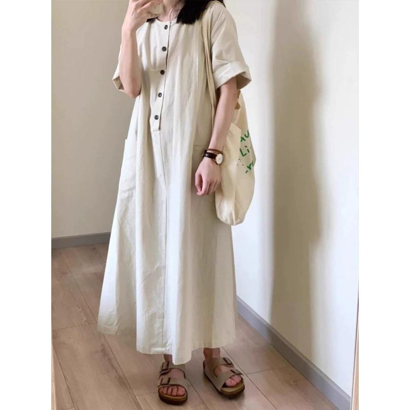 Women's summer new literary and retro Japanese long dress loose casual and thin short-sleeved dress small lazy style
