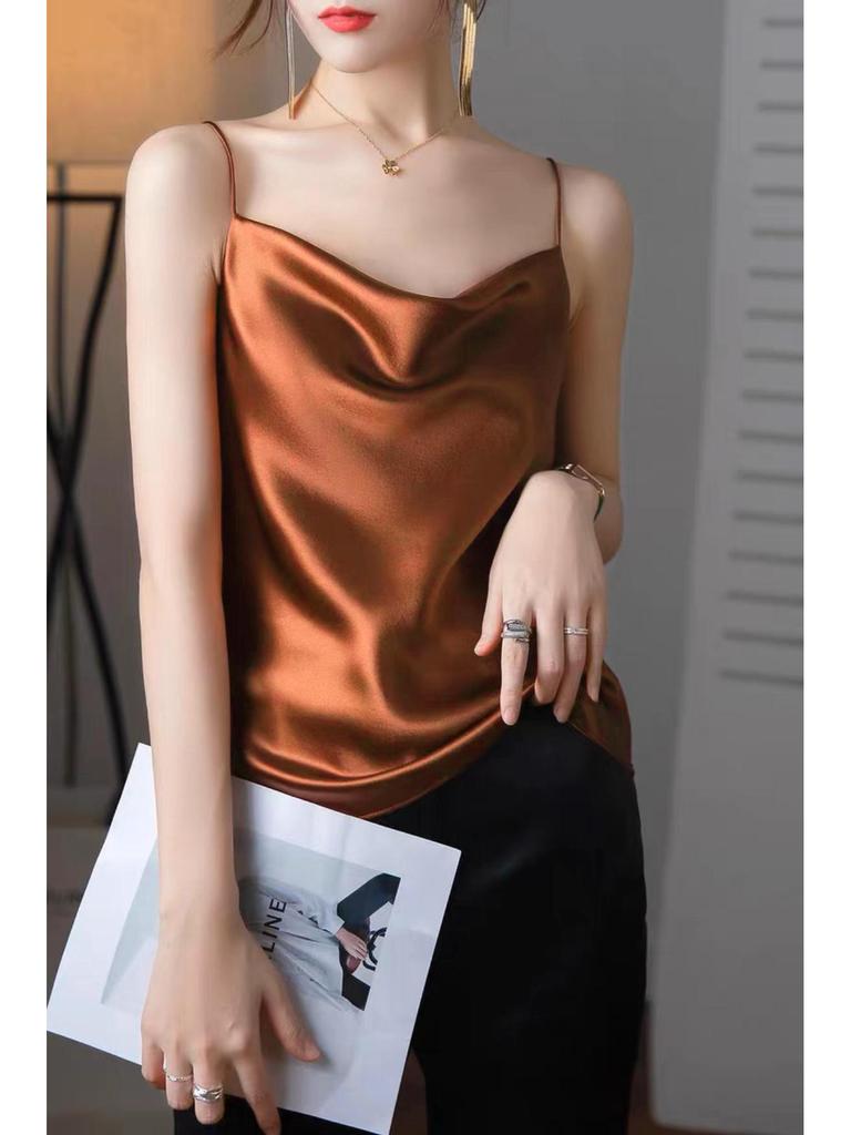 Women's Multicolor Satin Drape Camisole - Elegant Loose Fit with an Acetate Inner Layer