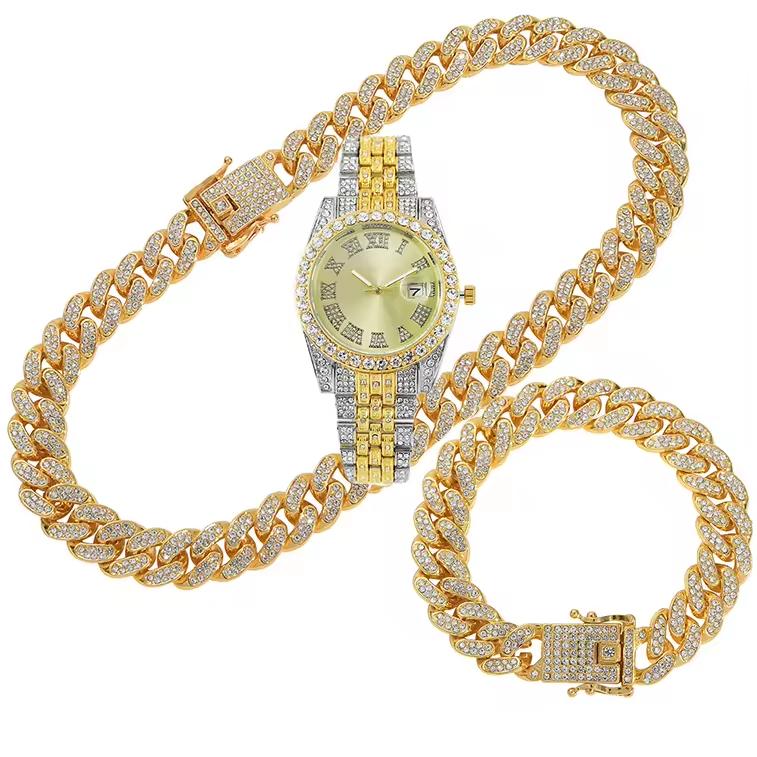 Bling Fully Iced Out Quartz Watch Necklace Bracelet Set Silver Gold Plated 13mm Chain Diamond Pointer Dial Men's