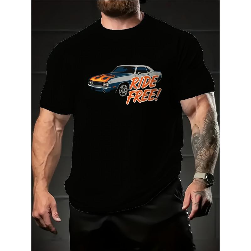 Men'S Plus-Size Print Muscle Car And Free Riding Pattern T-Shirt - Breathable Round Neck Short Sleeves, Perfect for Casual Sports Streetwear, Gym