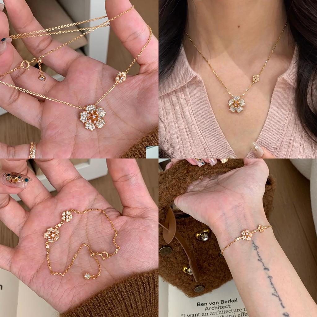 French Retro Brilliant Double Flower Necklace Female Flower Flower Full Diamond Super Flash Five Flower Temperament Exquisite Flower Bracelet