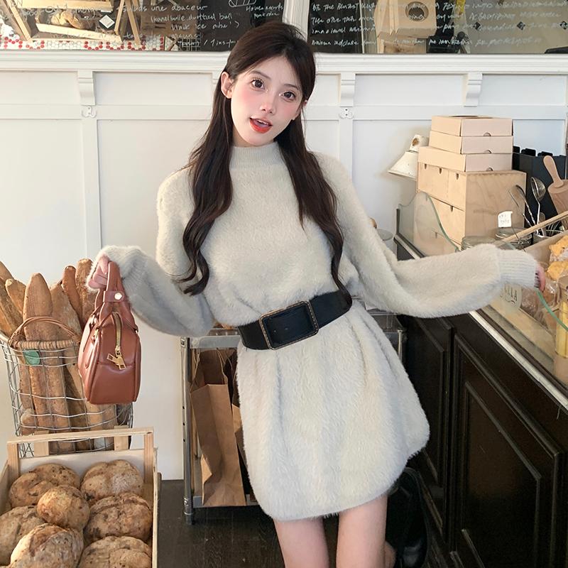 Winter Warme Vintage Gürtel Gestrickte Mini Kleid Frauen Elegante Pullover Kleider Streetwear Koreanische Feste Beiläufige Kleidung