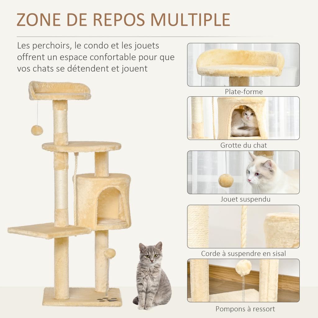 Cat Tree for Indoor Cats Pet Activity Centre Kitty Condo Climbing Scratching Post with Toys 4-tier 114cm Tall Beige