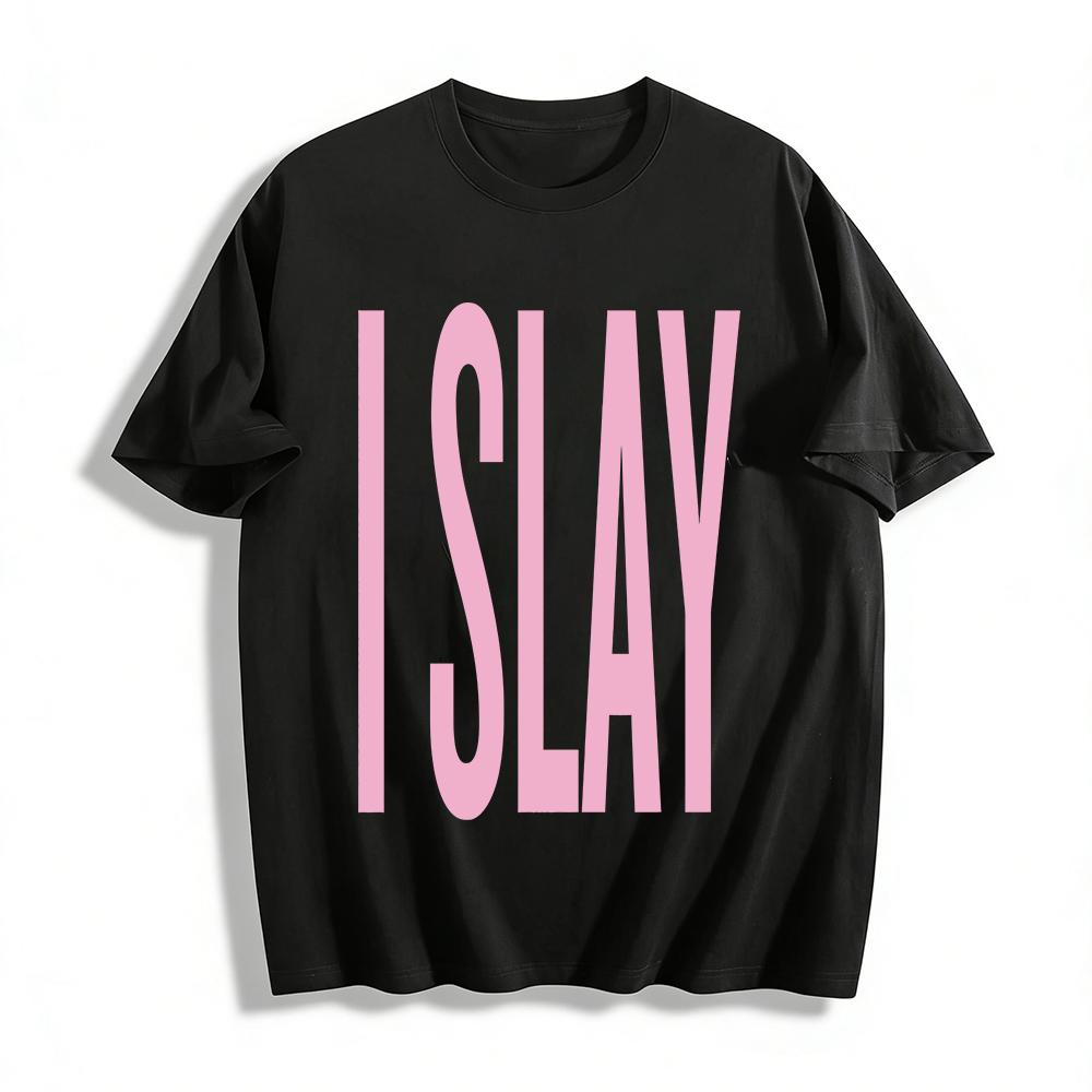 

Футболка с принтом-слоганом Slay, с круглым вырезом, повседневный уличный стиль, топ с коротким рукавом для женщин и подростков, футболка из чистого хлопка XXS