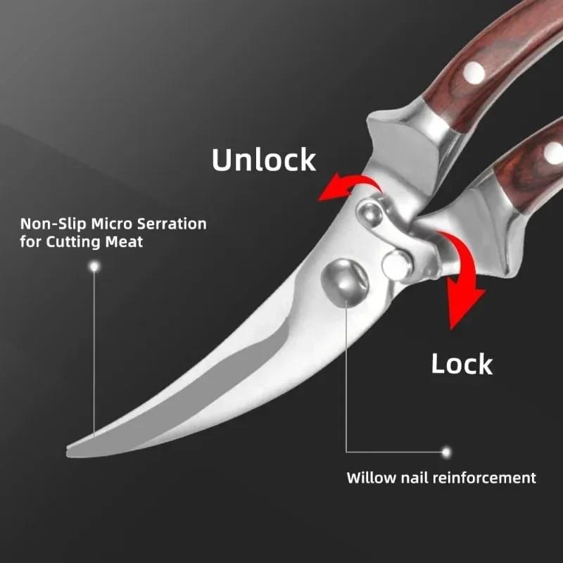 Stainless Steel Kitchen Scissors Strong Chicken Bone Scissors Multi-functional Kitchen Fish Scale Meat Scissors Safety Lock Comfortable Handle