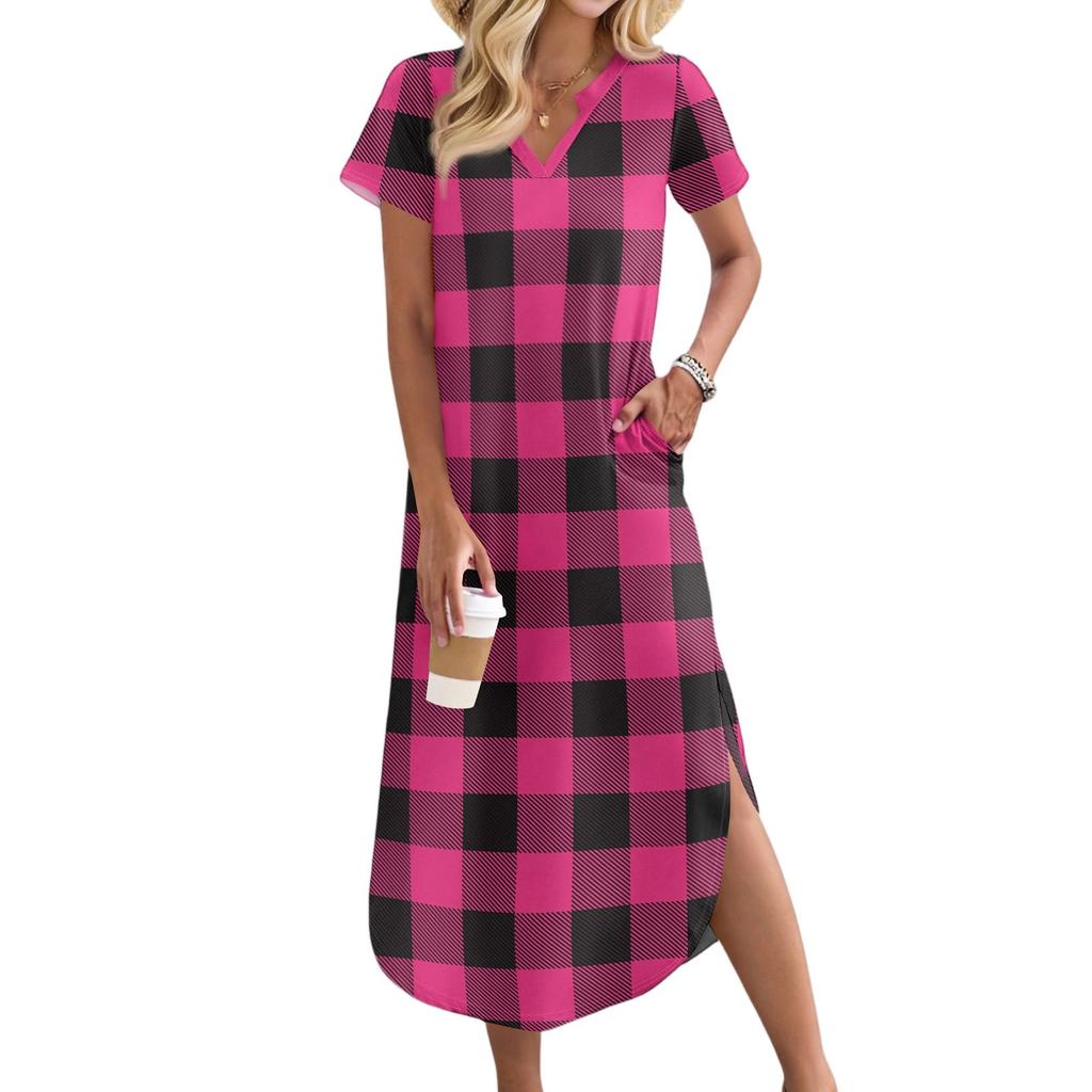 Women's Casual Comfortable V Neck Loose Hem Split Vacation Short Sleeve Plaid Long Dresses