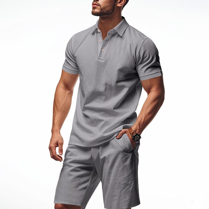 New Men's Linen Casual Lapel Polo Shirt & Short Sleeve Beach Shorts Set - European/American Style