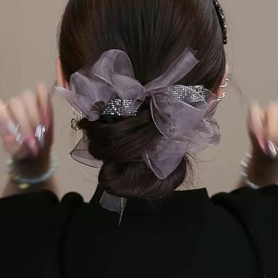 Bandeau pour cheveux pour femme Corde à cheveux avec nœud en organza Décoration de strass scintillants Porte-queue de cheval Outil de coiffage Accessoires pour cheveux