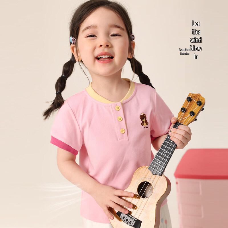 LUSON Girls' Summer Henry Collar Color-block Short Sleeve T-shirt