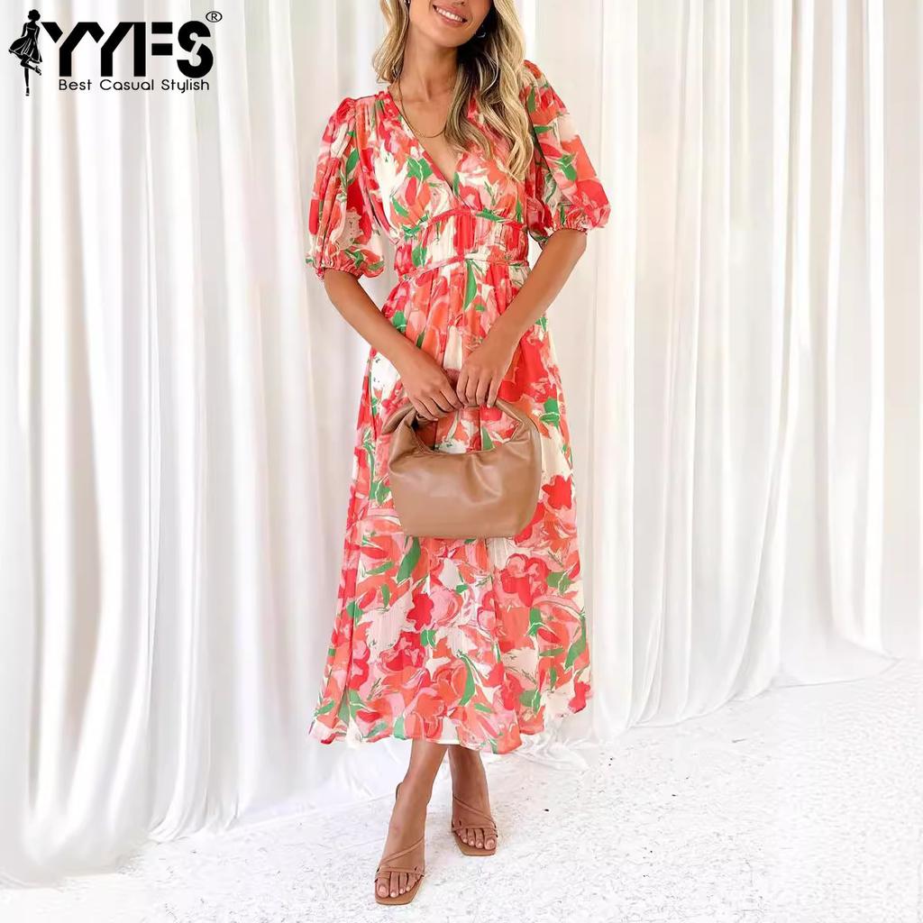 YYFS Women's Fashion Summer Spring Flower Pattern Print 1/2 Sleeves V-Neck High Waist Casual Dresses