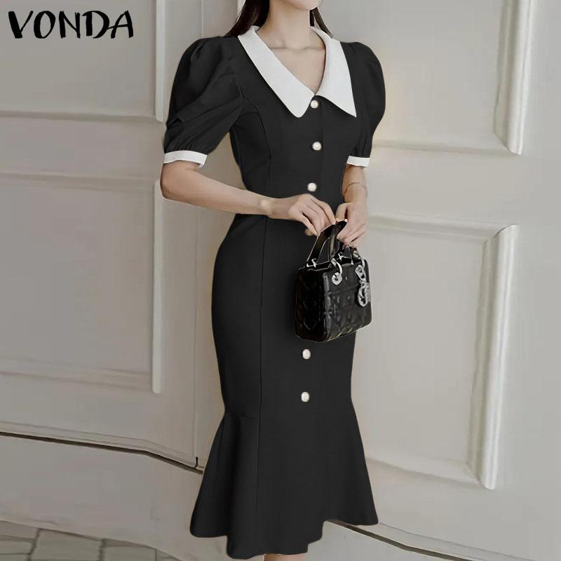 VONDA Elegant Women Lapel Neck Casual Puff Sleeve Nonelastic Fishtail Long Dress