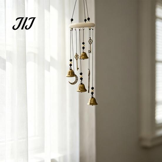 Crescent Moon Star Wall Art Witch Bell Wind Chime with Keys, Vintage Outside Hanging Chime, Small Metal Pendant Handmade Decorative for Patio,