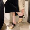 Fashion Size 35-46 Women Kitten Heels Mules Golden Rivet Pointed Toe Summer Sandals Fashion Beige Ladies Casual Med Heels Shoes
