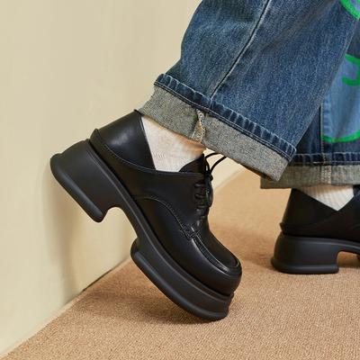 Damen Leder Slipper Plateau 2025 neu runde Spitze Schnürer schwarz jk College Britischer Stil kleine Lederschuhe Damen Einzelschuhe