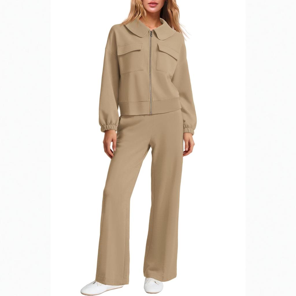 Women's Fashion Casual Solid Color Loose Sets Zip Up Sweatshirt Suit